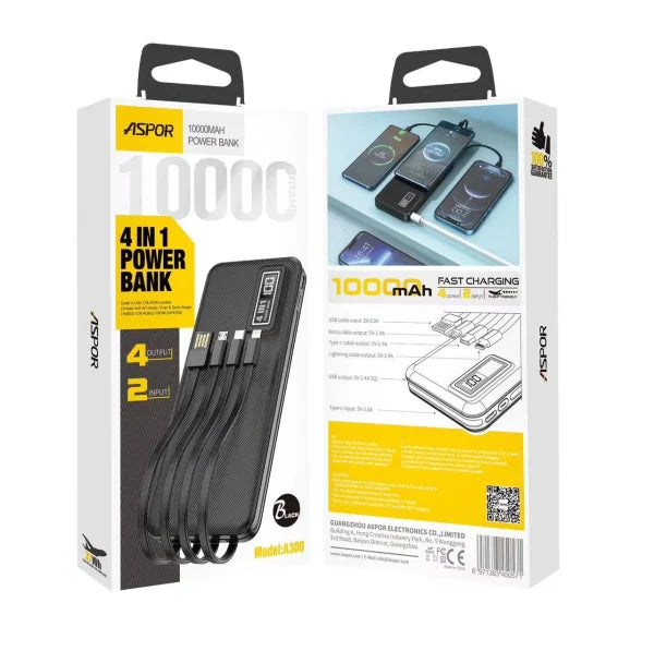 Aspor A300 Power Bank Original 10000mah Li-polymer Battery 4 In1 Power Bank Black - Techtopia