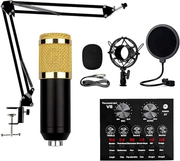 Podcast Mic Set With Live Sound Card,condenser Microphone With Rechargeable 12 Kinds Of Auxiliary Background For Karaoke Singing, Youtube Recording - Techtopia