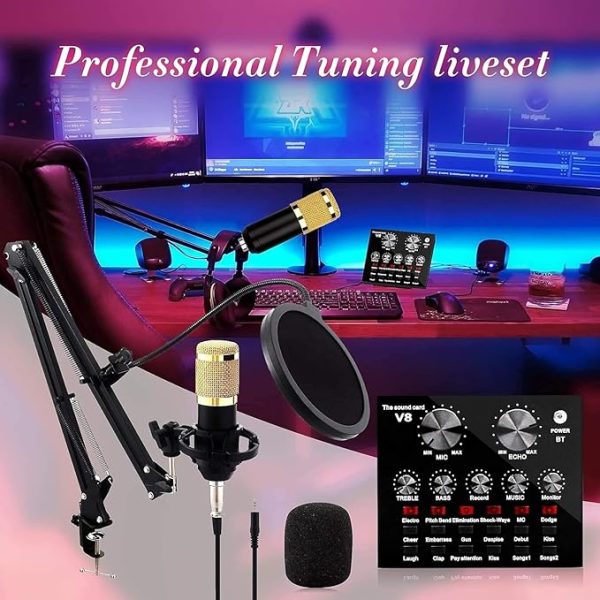 Podcast Mic Set With Live Sound Card,condenser Microphone With Rechargeable 12 Kinds Of Auxiliary Background For Karaoke Singing, Youtube Recording - Techtopia