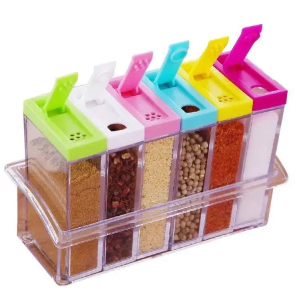 Spice Jars Dispenser Masala Rack Easy Flow Storage Crystal Seasoning Box Multicolour Set Of 6 - Techtopia